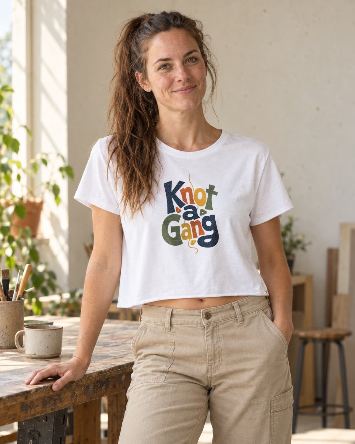 A woman wearing the White Type Can Lean crop top in natural studio light.