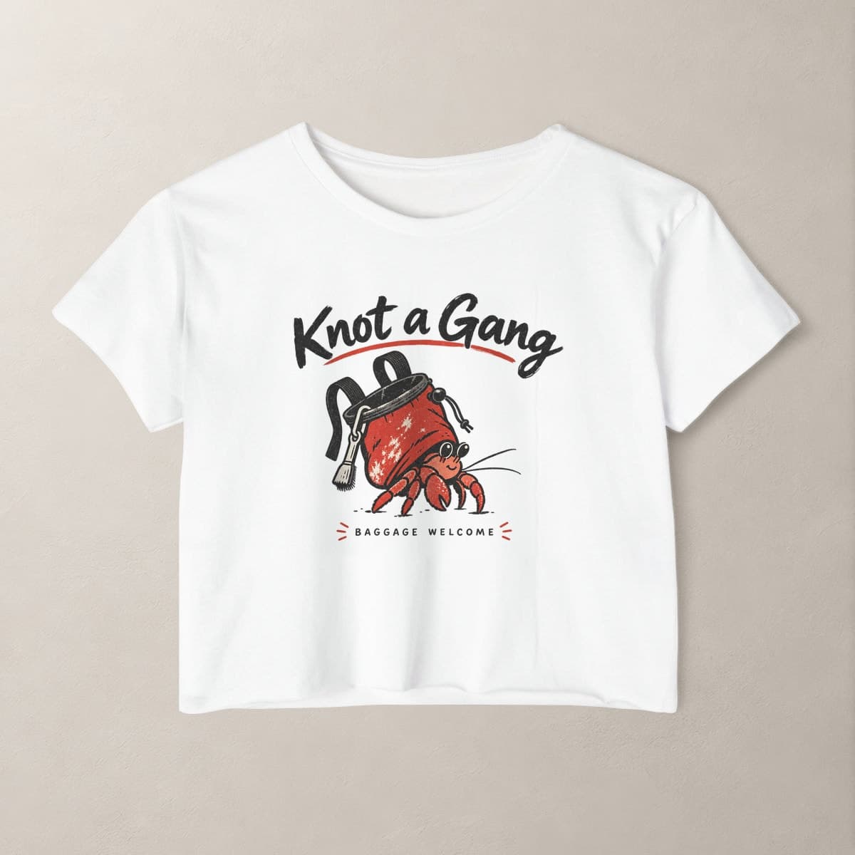 Front view of the White Baggage Welcome crop top.